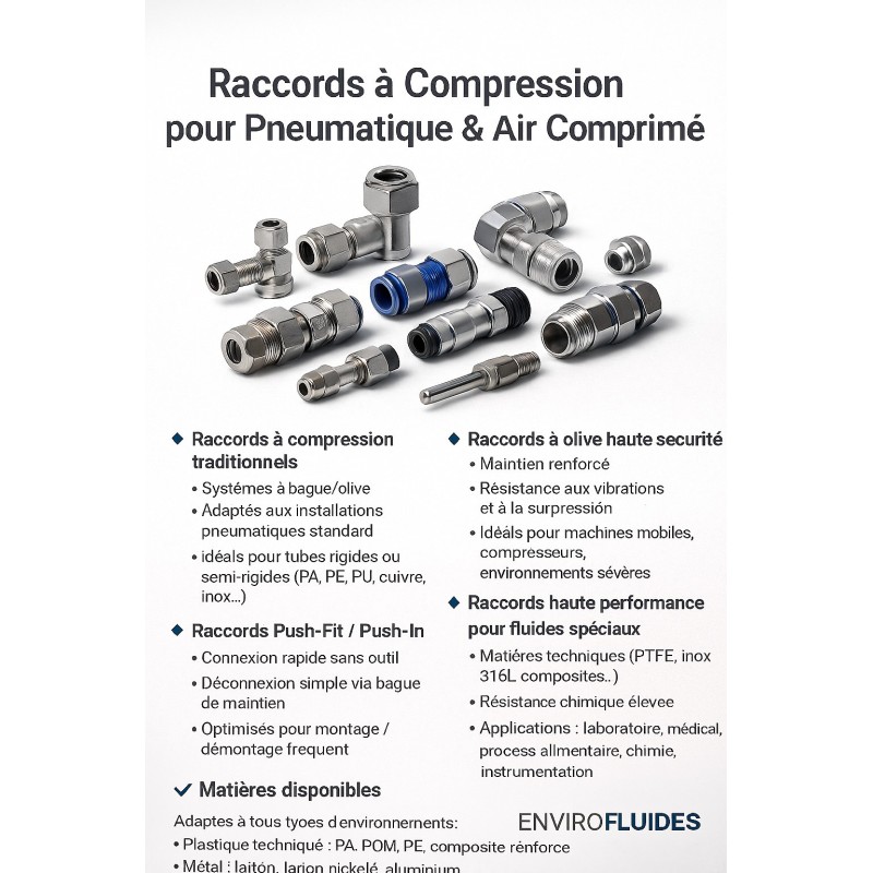 Raccord à compression Pneumatiques & Air Comprimé – Standard, Sécurité & Applications Spécifiques